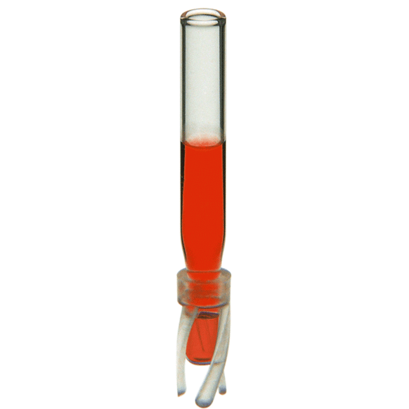 Inserts, Low Volume for Vials, Glass. Clear, Deactivated, 200ul fill volume with a conical, precision point and 5x32mm outer dimensions with plastic spring attached. For use in 8mm, Push Top, 1ml autosampler vials. 100/PK.