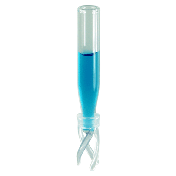 Inserts, Low Volume for Vials, Glass. Clear, Deactivated, 100ul fill volume with a conical, precision point and 5x30mm outer dimensions with plastic spring attached. For use in 8mm, Push Top, 1ml autosampler vials. 100/PK.