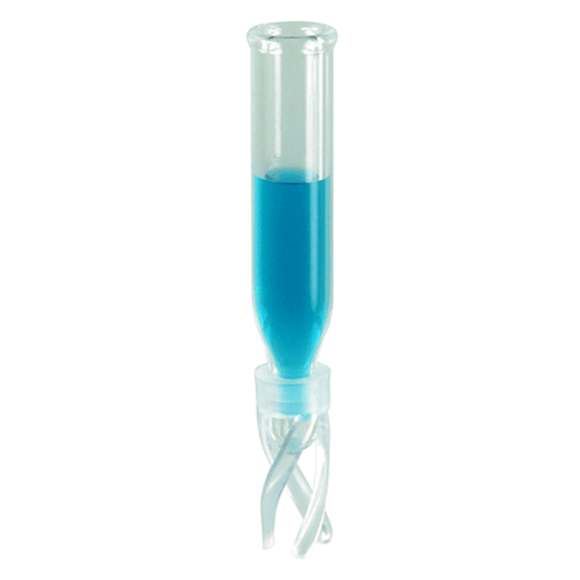 Inserts, Low Volume for Vials, Glass. Clear, Deactivated, 200ul total fill volume and approximately 50ul usable volume, with a conical, high precision point and 6x29mm outer dimensions with plastic spring attached. 100/PK.