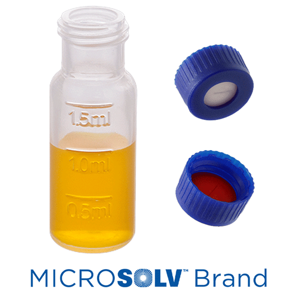 Vial & Cap Kit Includes 100 EA 2ml, Screw Top, Clear Polypropylene Autosampler Vials with Fill lines and 100 EA matching Screw Caps with Silicone Rubber / PTFE Pre-Slit Septa, bonded in the Blue Caps,  1/PK.