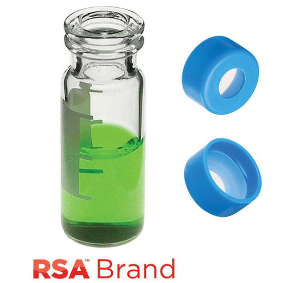 Vial & Cap Kit includes 100 EA 2ml, Snap Top, Clear RSA™ Autosampler Vials with Write-On Patch and fill lines and 100 EA matching Snap Caps with Silicone Rubber / PTFE, ultra-pure Septa, fitted in the Light Blue Caps. RSA Brand  1 PK.