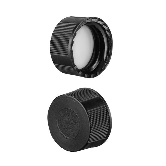 Caps, Screw Top, Solid, with an ultra-pure, Silicone Rubber / PTFE liner, in a closed Black Cap. For use with 9-425mm thread,12x32mm autosampler vials. AQR Brand 100/PK.