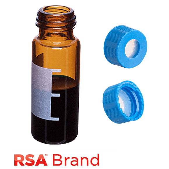 Vial & Cap Kit Includes 100 EA 2ml, Screw Top, Amber RSA™ Autosampler Vials with Write-On Patch and fill lines and 100 EA matching Screw Caps with Clear AQR Silicone Rubber / Clear PTFE, ultra-pure Septa, fitted in the Light Blue Caps. RSA Brand  1 PK.