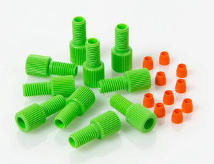 Fitting 1/4-28 Green Delrin® Male Nut/Orange ETFE Ferrule for 3mm OD Tubing, 10/pk