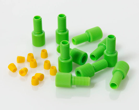 Fitting 1/4-28 Green Delrin® Male Nut/Yellow ETFE Ferrule for 1/8" OD Tubing, 10/pk