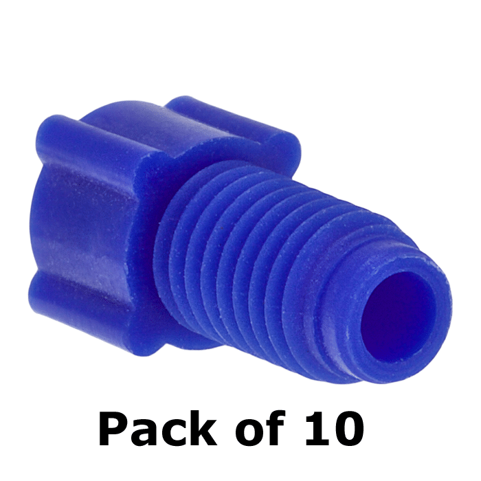 Tubing Connector Fittings, Low Pressure, 1/8", Polypropylene, Blue with 1/4-28 Screw Threads, for use with flanged, polymeric tubing 10/PK.