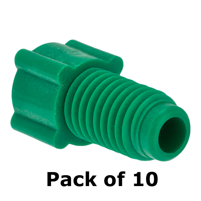 Tubing Connector Fittings, Low Pressure, 1/8", Polypropylene, Green with 1/4-28 Screw Threads, for use with flanged, polymeric tubing 10/PK.