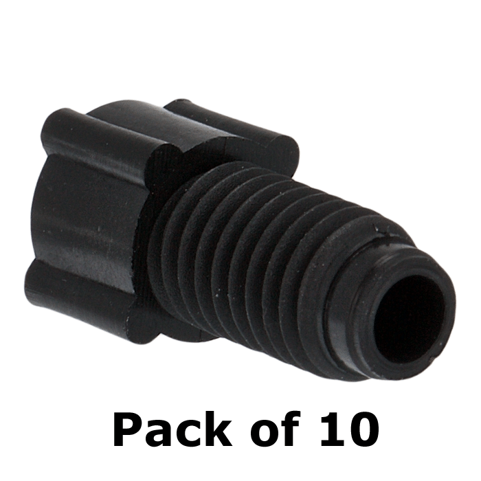 Tubing Connector Fittings, Low Pressure, 1/8", Polypropylene, Black with 1/4-28 Screw Threads, for use with flanged, polymeric tubing 10/PK.