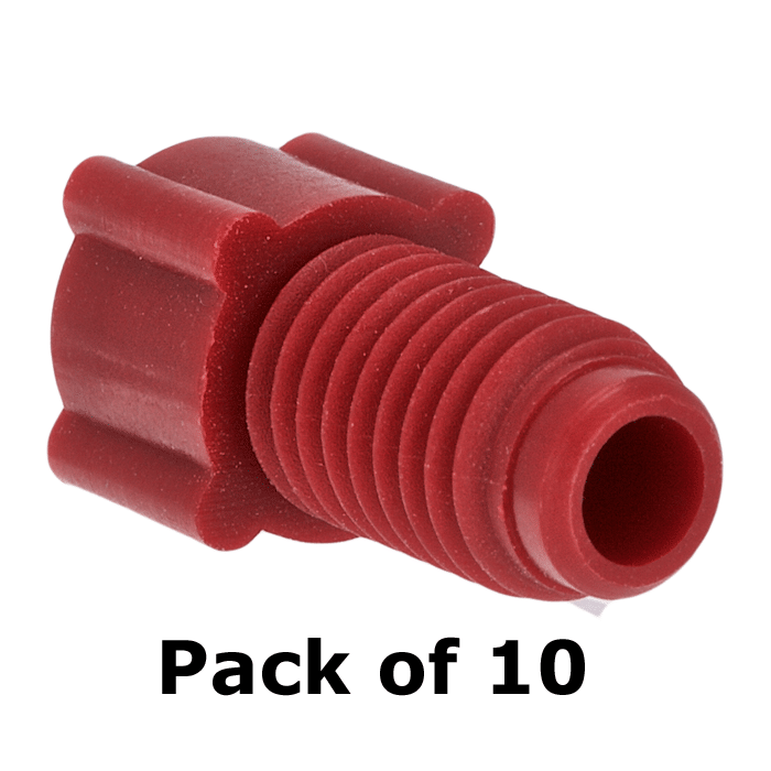 Tubing Connector Fittings, Low Pressure, 1/8", Polypropylene, Red with 1/4-28 Screw Threads, for use with flanged, polymeric tubing 10/PK.