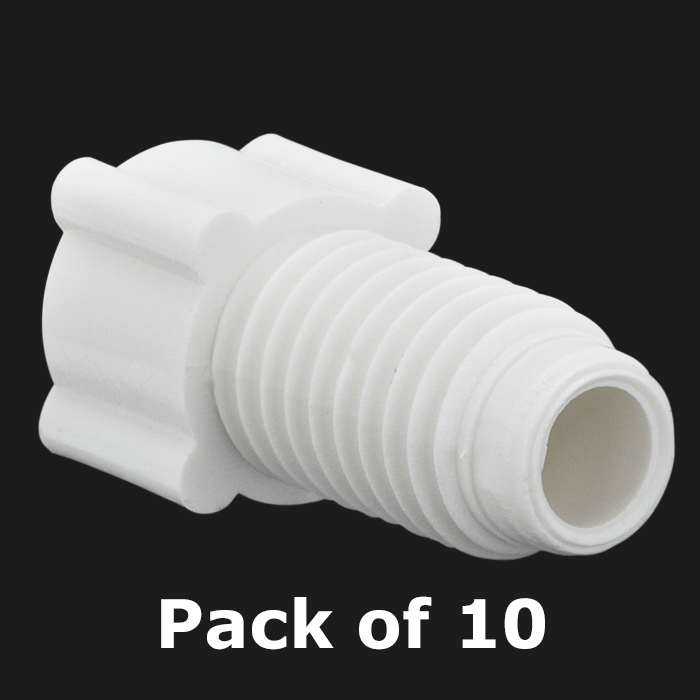 Tubing Connector Fittings, Low Pressure, 1/8", Polypropylene, White with 1/4-28 Screw Threads, for use with flanged, polymeric tubing 10/PK.