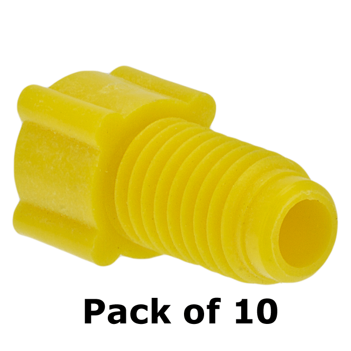 Tubing Connector Fittings, Low Pressure, 1/8", Polypropylene, Yellow with 1/4-28 Screw Threads, for use with flanged, polymeric tubing 10/PK.