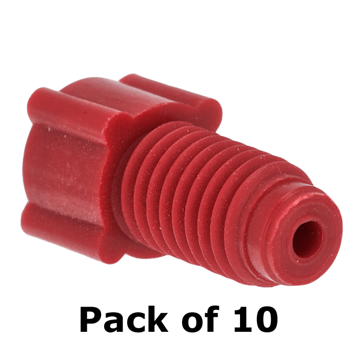 Tubing Connector Fittings, Low Pressure, 1/16", Polypropylene, Red with 1/4-28 Screw Threads, for use with flanged, polymeric tubing 10/PK.