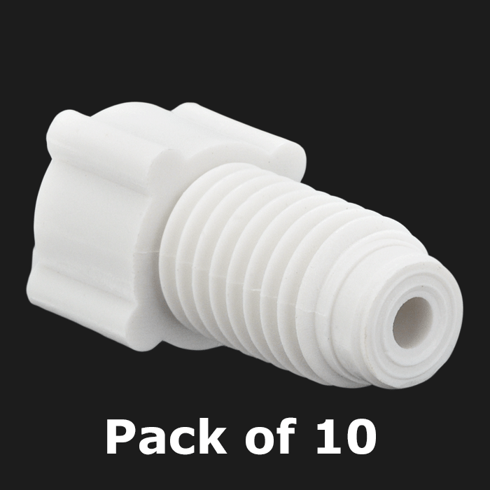 Tubing Connector Fittings, Low Pressure, 1/16", Polypropylene, White with 1/4-28 Screw Threads, for use with flanged, polymeric tubing 10/PK.