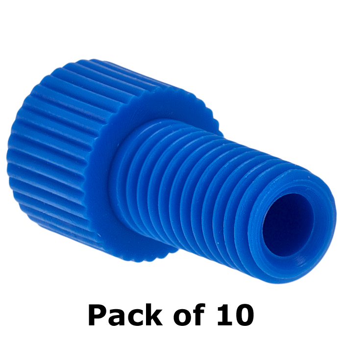 Tubing Connector Fittings, Low Pressure, 1/8", Delrin, Blue with 1/4-28 Screw Threads, for use with Flange Free, polymeric tubing 10/PK.