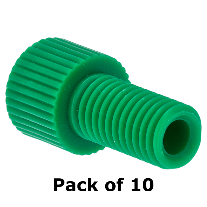 Tubing Connector Fittings, Low Pressure, 1/8", Delrin, Green with 1/4-28 Screw Threads, for use with Flange Free, polymeric tubing 10/PK.