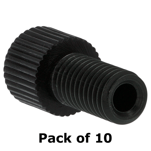 Tubing Connector Fittings, Low Pressure, 1/8", Delrin, Black with 1/4-28 Screw Threads, for use with Flange Free, polymeric tubing 10/PK.