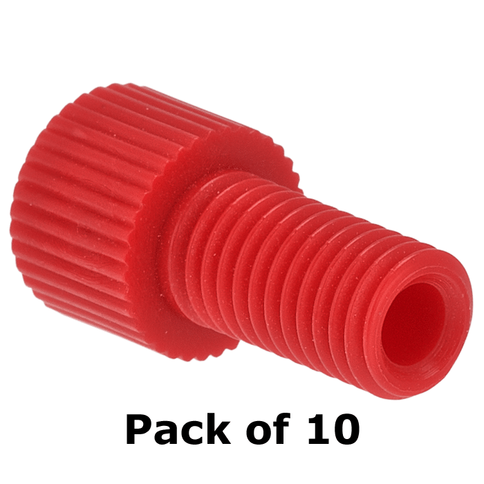 Tubing Connector Fittings, Low Pressure, 1/8", Delrin, Red with 1/4-28 Screw Threads, for use with Flange Free, polymeric tubing 10/PK.