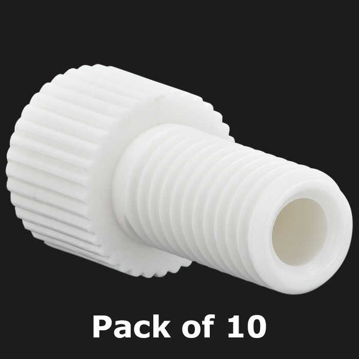 Tubing Connector Fittings, Low Pressure, 1/8", Delrin, White with 1/4-28 Screw Threads, for use with Flange Free, polymeric tubing 10/PK.