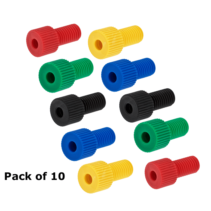 Tubing Connector Fittings, Low Pressure, 1/8 inches, Delrin, Mixed Colors with 1/4-28 Screw Threads, for use with Flange Free, polymeric tubing 10/PK.