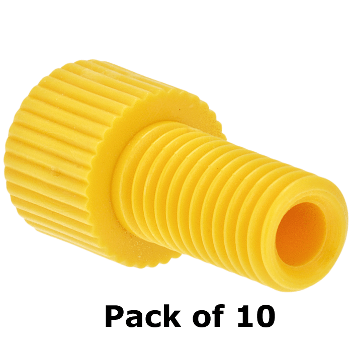 Tubing Connector Fittings, Low Pressure, 1/8", Delrin, Yellow with 1/4-28 Screw Threads, for use with Flange Free, polymeric tubing 10/PK.