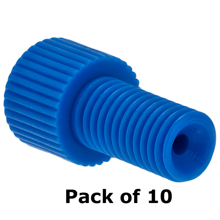 Tubing Connector Fittings, Low Pressure, 1/16", Delrin, Blue with 1/4-28 Screw Threads, for use with Flange Free, polymeric tubing 10/PK.