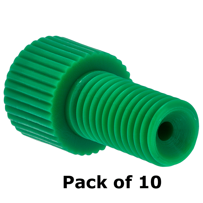 Tubing Connector Fittings, Low Pressure, 1/16", Delrin, Green with 1/4-28 Screw Threads, for use with Flange Free, polymeric tubing 10/PK.