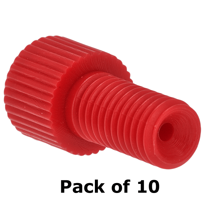 Tubing Connector Fittings, Low Pressure, 1/16", Delrin, Red with 1/4-28 Screw Threads, for use with Flange Free, polymeric tubing 10/PK.