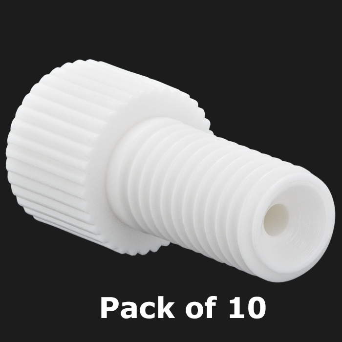 Tubing Connector Fittings, Low Pressure, 1/16", Delrin, White with 1/4-28 Screw Threads, for use with Flange Free, polymeric tubing 10/PK.