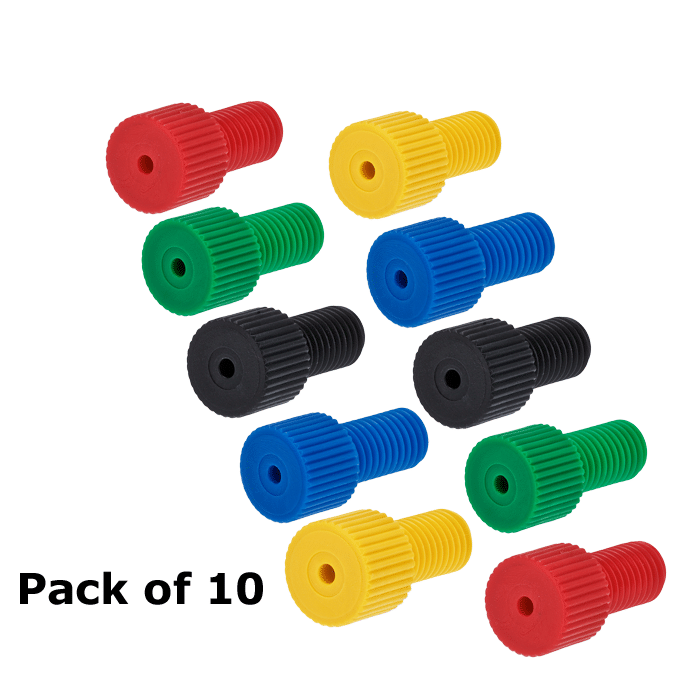 Tubing Connector Fittings, Low Pressure, 1/16 inches, Delrin, Mixed Colors with 1/4-28 Screw Threads, for use with Flange Free, polymeric tubing 10/PK.