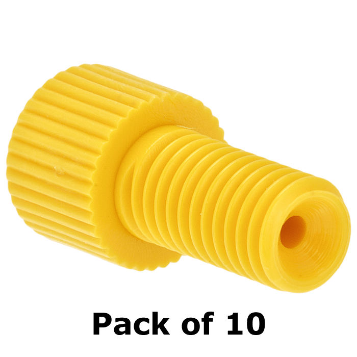 Tubing Connector Fittings, Low Pressure, 1/16", Delrin, Yellow with 1/4-28 Screw Threads, for use with Flange Free, polymeric tubing 10/PK.