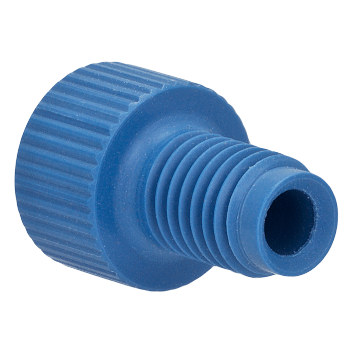 Tubing Connector Fittings, Low Pressure, 1/8 inches, PEEK, Blue with 1/4-28 Screw Threads, for use with Flange Free, polymeric tubing 1 EA.