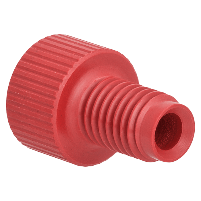 Tubing Connector Fittings, Low Pressure, 1/8 inches, PEEK, Red with 1/4-28 Screw Threads, for use with Flange Free, polymeric tubing 1 EA.