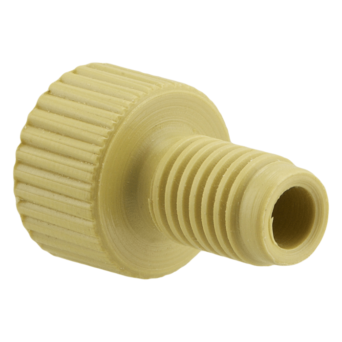 Tubing Connector Fittings, Low Pressure, 1/8 inches, PEEK, Yellow with 1/4-28 Screw Threads, for use with Flange Free, polymeric tubing 1 EA.