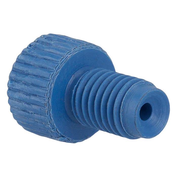 Tubing Connector Fittings, Low Pressure, 1/16 inches, PEEK, Blue with 1/4-28 Screw Threads, for use with Flange Free, polymeric tubing 1 EA.