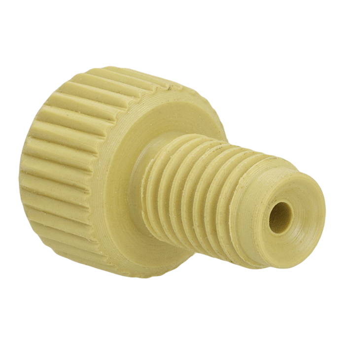 Tubing Connector Fittings, Low Pressure, 1/16 inches, PEEK, Yellow with 1/4-28 Screw Threads, for use with Flange Free, polymeric tubing 1 EA.