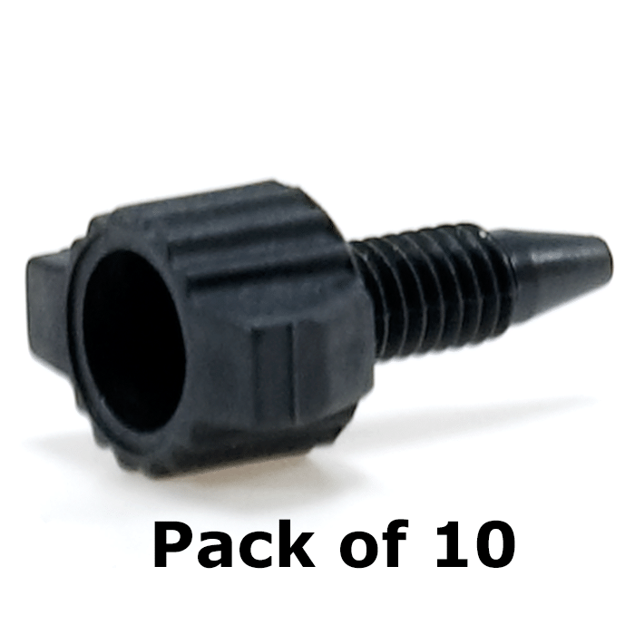 Tubing Connector Fittings, High Pressure, One Piece, 1/16, Carbon PEEK Endure, Black, Winged Head with 10-32 Screw Threads. Finger Tighten, 10/EA.