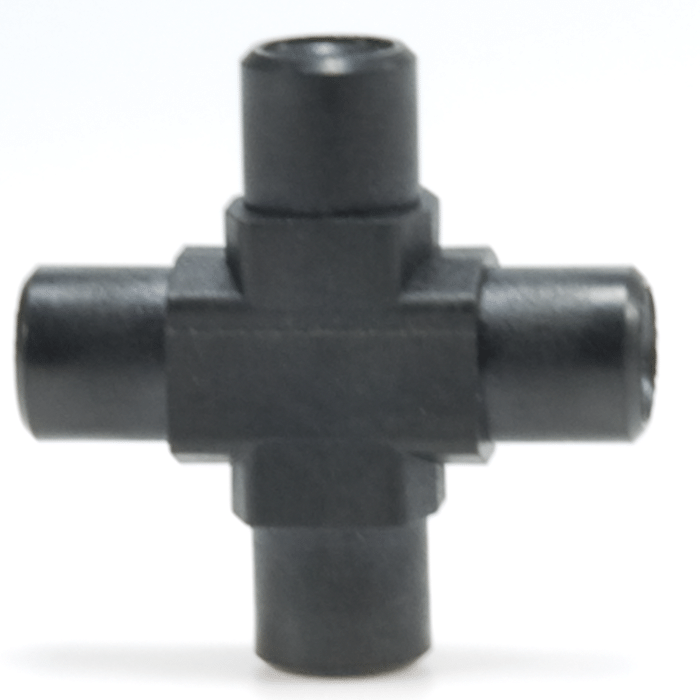 Union, Connector Kits, Cross, High Pressure, 0.50 mm Through Holes with 10-32 Screw Threads. Carbon PEEK Endure, with Connector Nuts. Use with 1/16 Tubing 2/EA.