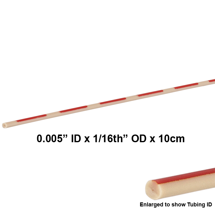 Tubing, PEEK, Pre-Cut, 0.005 inch (0.13 mm) ID, 1/16th inch (1.6 mm) ID, Super-T grade, red intermittent stripes, 10 cm long 5 PK.