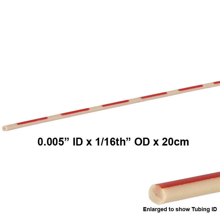 Tubing, PEEK, Pre-Cut, 0.005 inch (0.13 mm) ID, 1/16th inch (1.6 mm) ID, Super-T grade, red intermittent stripes, 20 cm long 5 PK.