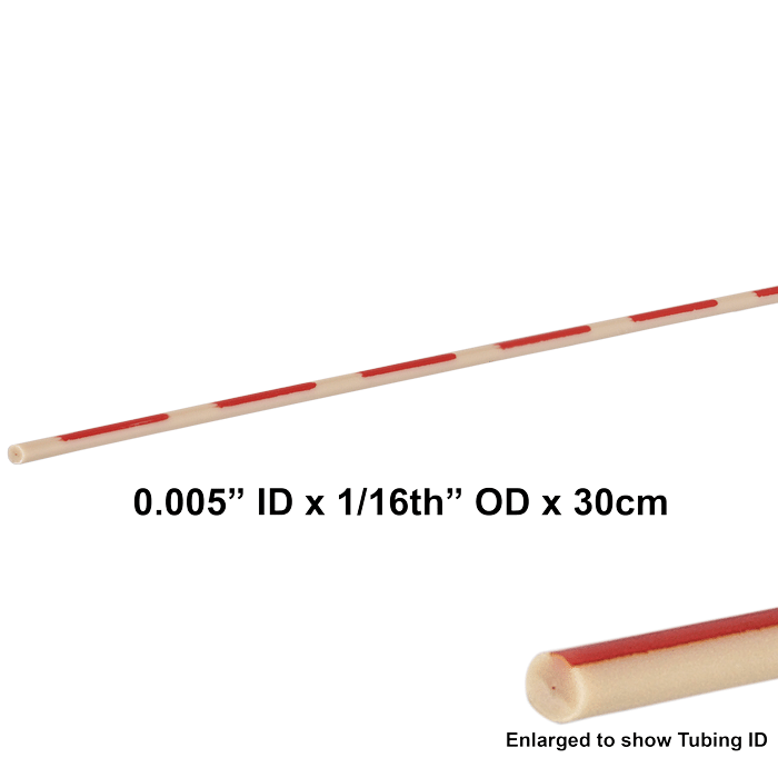 Tubing, PEEK, Pre-Cut, 0.005 inch (0.13 mm) ID, 1/16th inch (1.6 mm) ID, Super-T grade, red intermittent stripes, 30 cm long 5 PK.