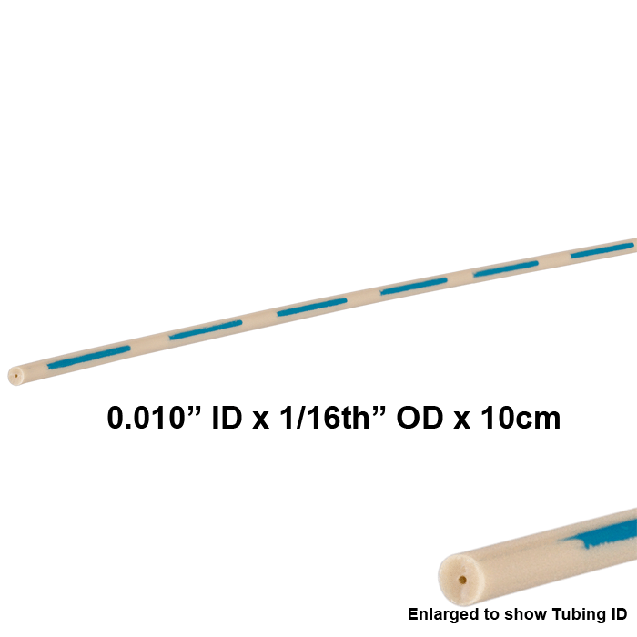 Tubing, PEEK, Pre-Cut, 0.010 inch (0.25 mm) ID, 1/16th inch (1.6 mm) OD, Super-T grade, blue intermittent stripes, 10 cm long 5 PK.