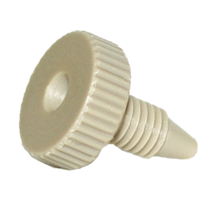 Tubing Connector Fittings, High Pressure, One Piece, 1/16, PEEK, Natural, Short Head and Short Length with 10-32 Screw Threads. Finger Tighten