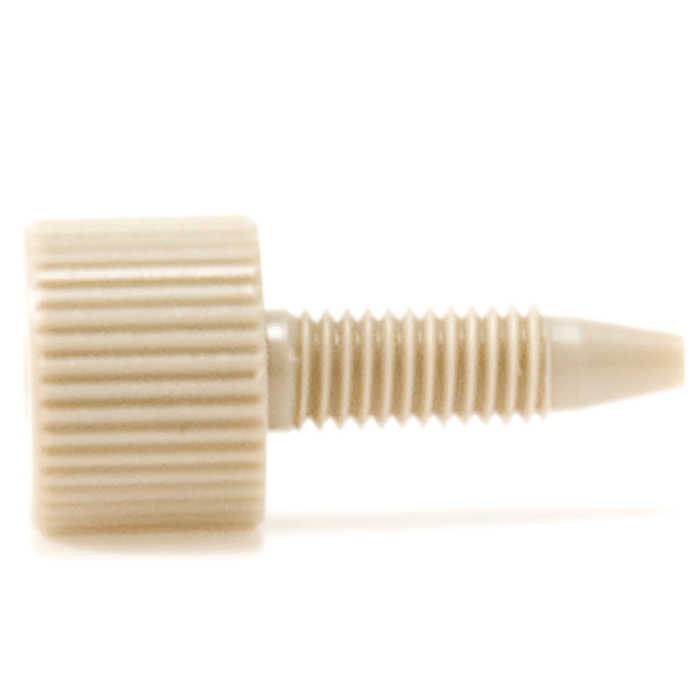 Tubing Connector Fittings, High Pressure, One Piece, 1/16, PEEK, Natural, Standard Size Head but a Long Length with 10-32 Screw Threads. Finger Tighten
