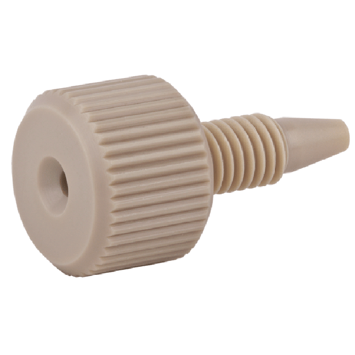 Tubing Connector Fittings, High Pressure, One Piece, 1/16, PEEK, Natural, Large Head with 10-32 Screw Threads. Finger Tighten