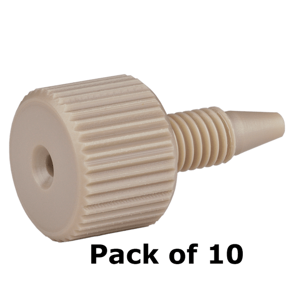 Tubing Connector Fittings, High Pressure, One Piece, 1/16, PEEK, Natural, Large Head with 10-32 Screw Threads. Finger Tighten, 10/EA.