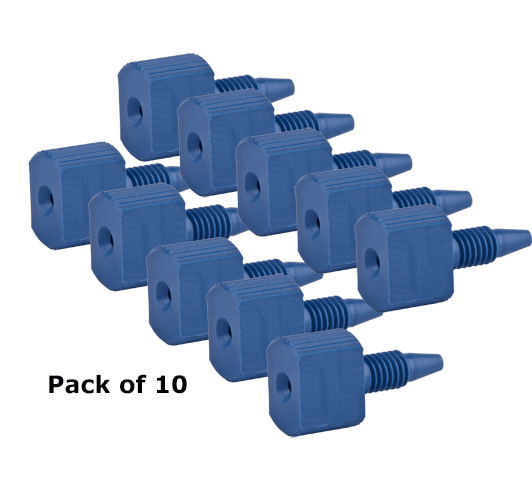 Tubing Connector Fittings, High Pressure, One Piece, 1/16, PEEK, Blue, Large Combihead with 10-32 Screw Threads. Finger or wrench Tighten, 10/EA.