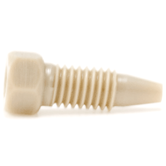 Tubing Connector Fittings, High Pressure, One Piece, 1/16, PEEK, Natural, Small Hex Head, Long Length and 10-32 Screw Threads. Wrench Tighten