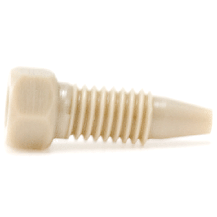 Tubing Connector Fittings, High Pressure, One Piece, 1/16, PEEK, Natural, Small Hex Head, Long Length and 10-32 Screw Threads. Wrench Tighten