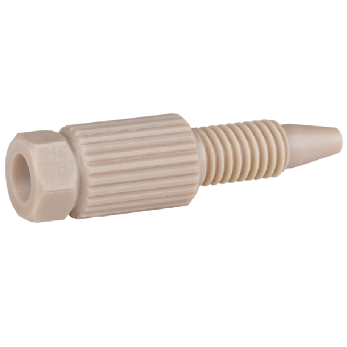Tubing Connector Fittings, High Pressure, One Piece, 1/16, PEEK, Natural, Small, Combihead/Hex Head with 10-32 Screw Threads. Finger Tighten