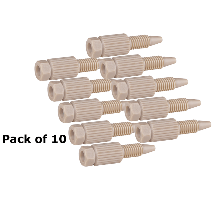 Tubing Connector Fittings, High Pressure, One Piece, 1/16, PEEK, Natural, Small, Combihead/Hex Head with 10-32 Screw Threads. Finger Tighten, 10/EA.